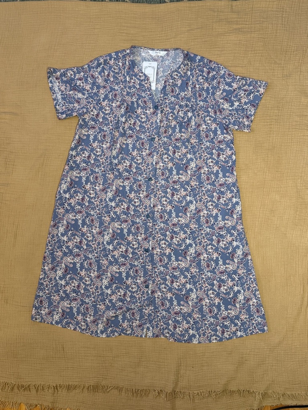 Yozly New With Tag Blue Cotton Floral Paisley Short Sleeve Buttoned Dress